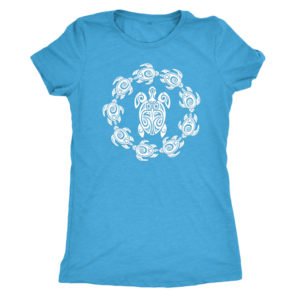 Fun Circle of Life Tribal Turtle Shirt, White Print T-shirt Next Level Womens Triblend Vintage Turquoise S