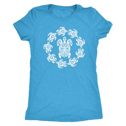 Image of Fun Circle of Life Tribal Turtle Shirt, White Print T-shirt Next Level Womens Triblend Vintage Turquoise S