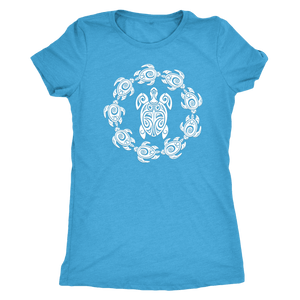 Fun Circle of Life Tribal Turtle Shirt, White Print T-shirt Next Level Womens Triblend Vintage Turquoise S