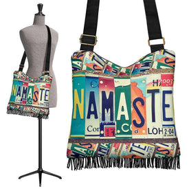 Namaste License Plate Art on Groovy Boho Purse purse 