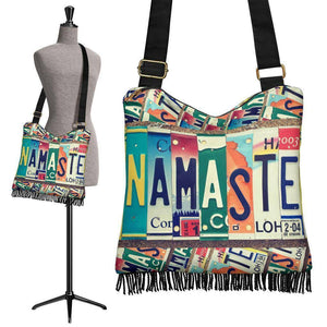 Namaste License Plate Art on Groovy Boho Purse purse 
