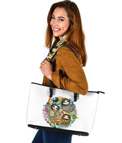 Image of Fun Watercolors Sloths, Large Vegan Leather Tote Bags 