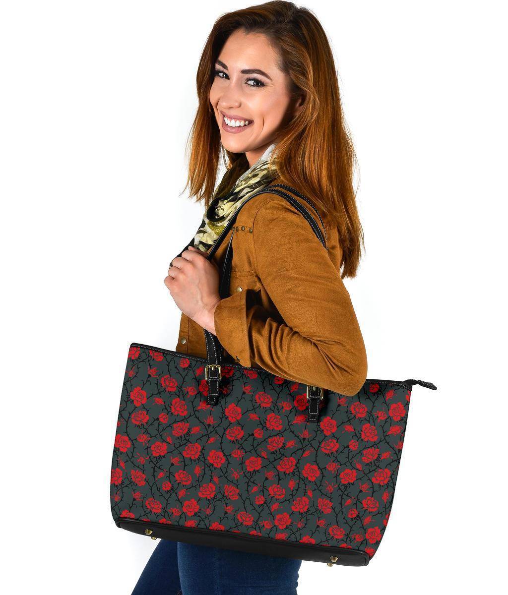 Red Roses, Large Vegan Leather Tote Bags 