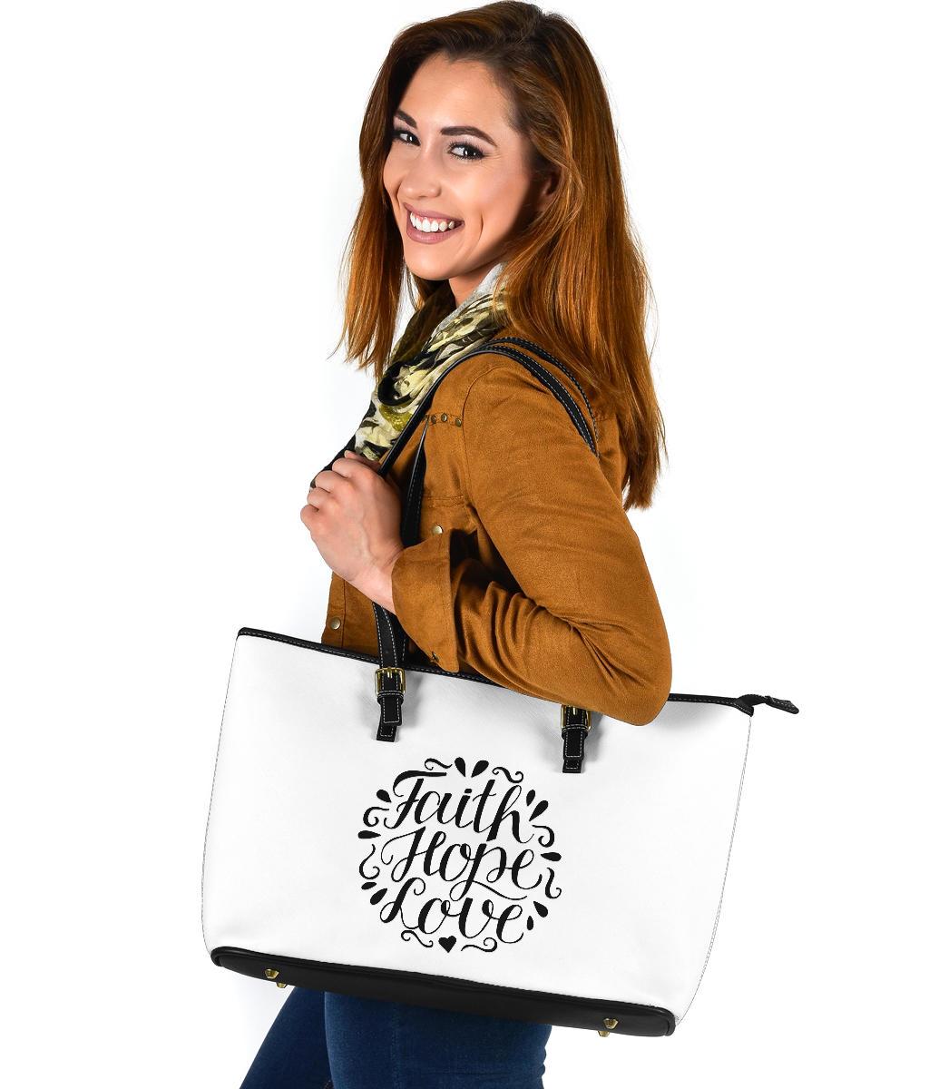 Faith Hope Love, Large Vegan Leather Tote White Bags 