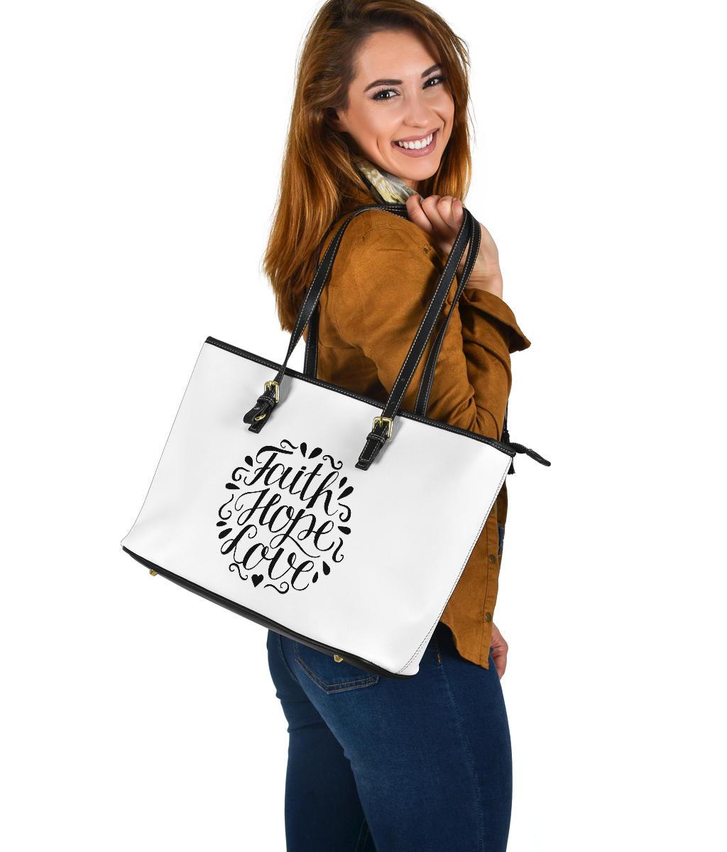 Faith Hope Love, Large Vegan Leather Tote White Bags 