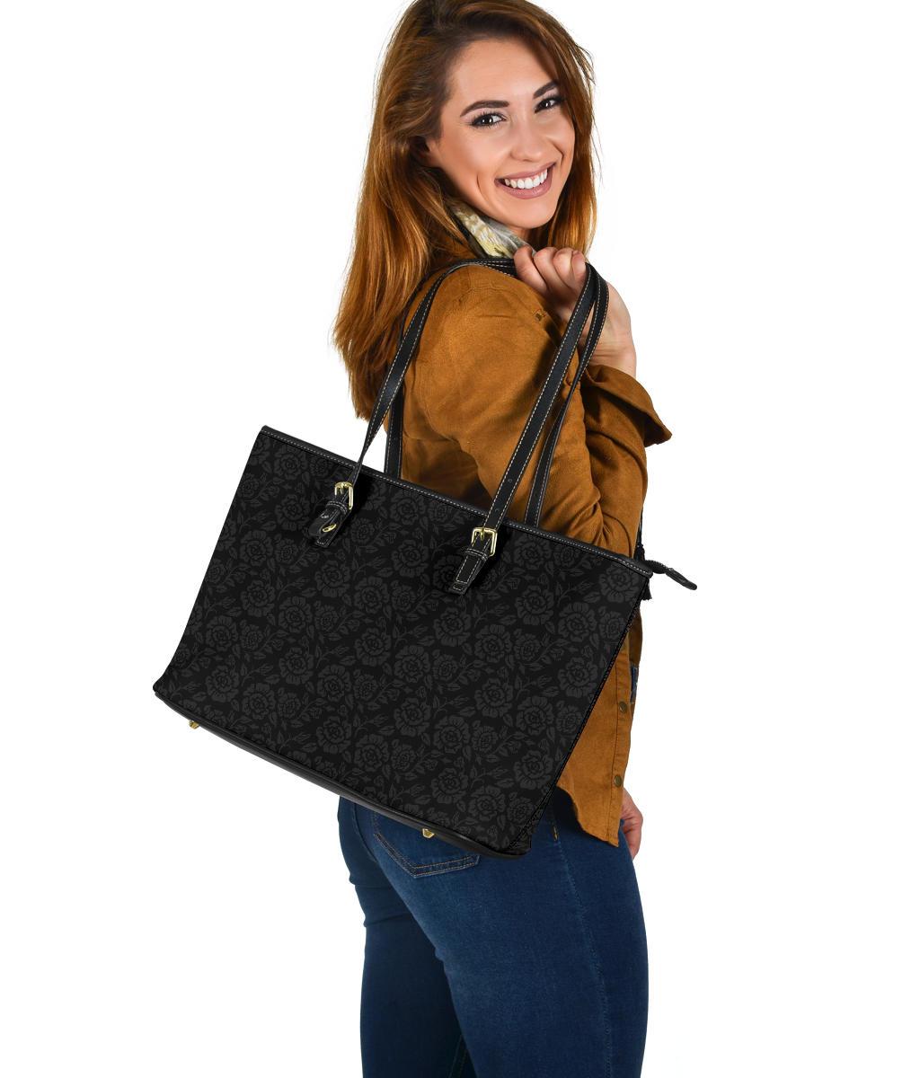 Subtle Grey Flowers, Large Vegan Leather Tote Bags 