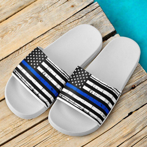 Image of Thin Blue Line Slide Sandals | White Slides 