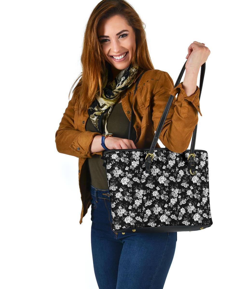 White Roses and Butterflies, Vegan Leather Tote Bags 