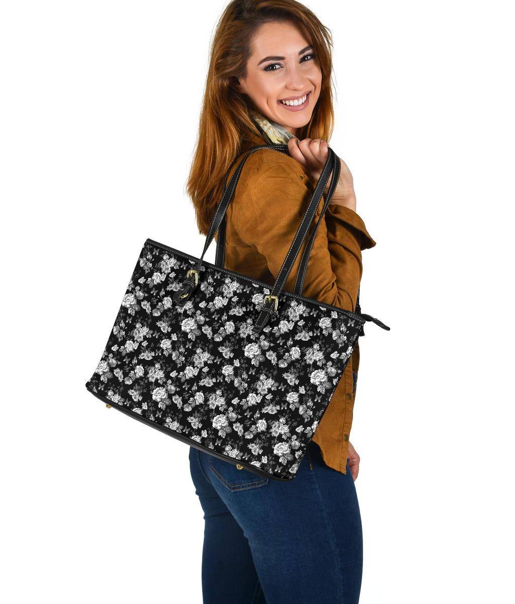 White Roses and Butterflies, Large Vegan Leather Tote Bags 