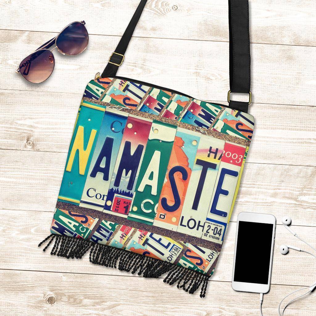 Namaste License Plate Art on Groovy Boho Purse purse 