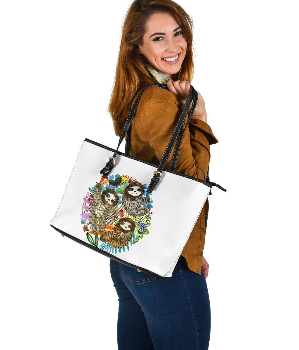 Fun Watercolors Sloths, Large Vegan Leather Tote Bags 