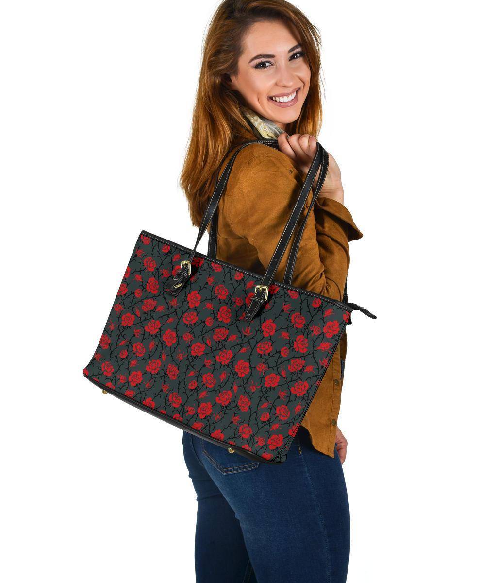 Red Roses, Large Vegan Leather Tote Bags 