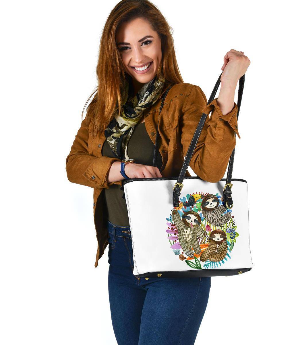 Fun Watercolor Sloths, Vegan Leather Tote Bags 