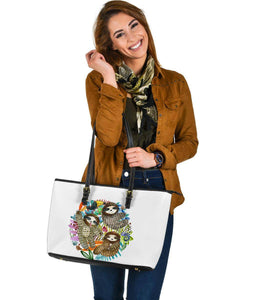 Fun Watercolors Sloths, Large Vegan Leather Tote Bags 