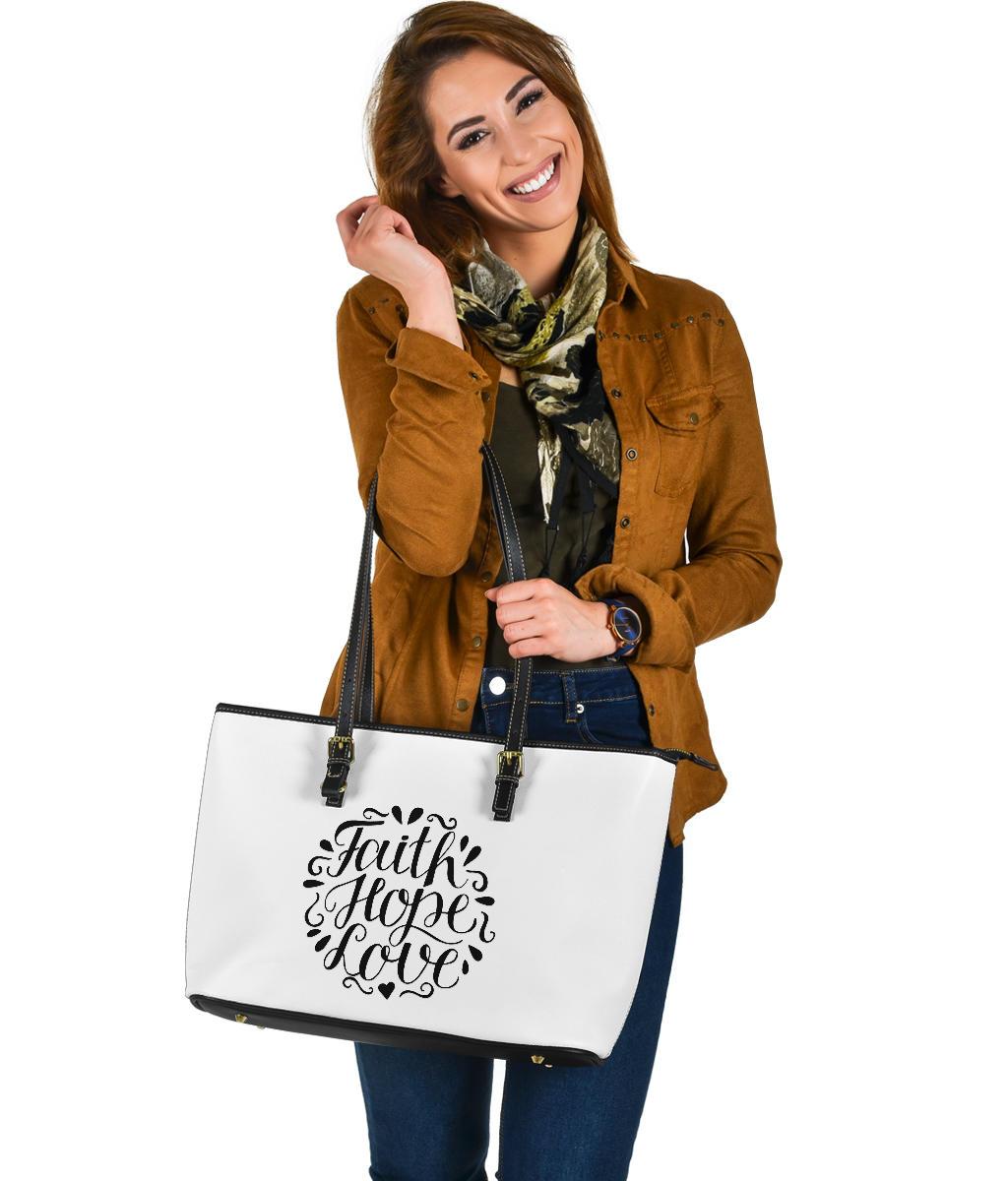 Faith Hope Love, Large Vegan Leather Tote White Bags 