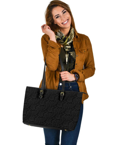 Image of Subtle Grey Flowers, Large Vegan Leather Tote Bags 