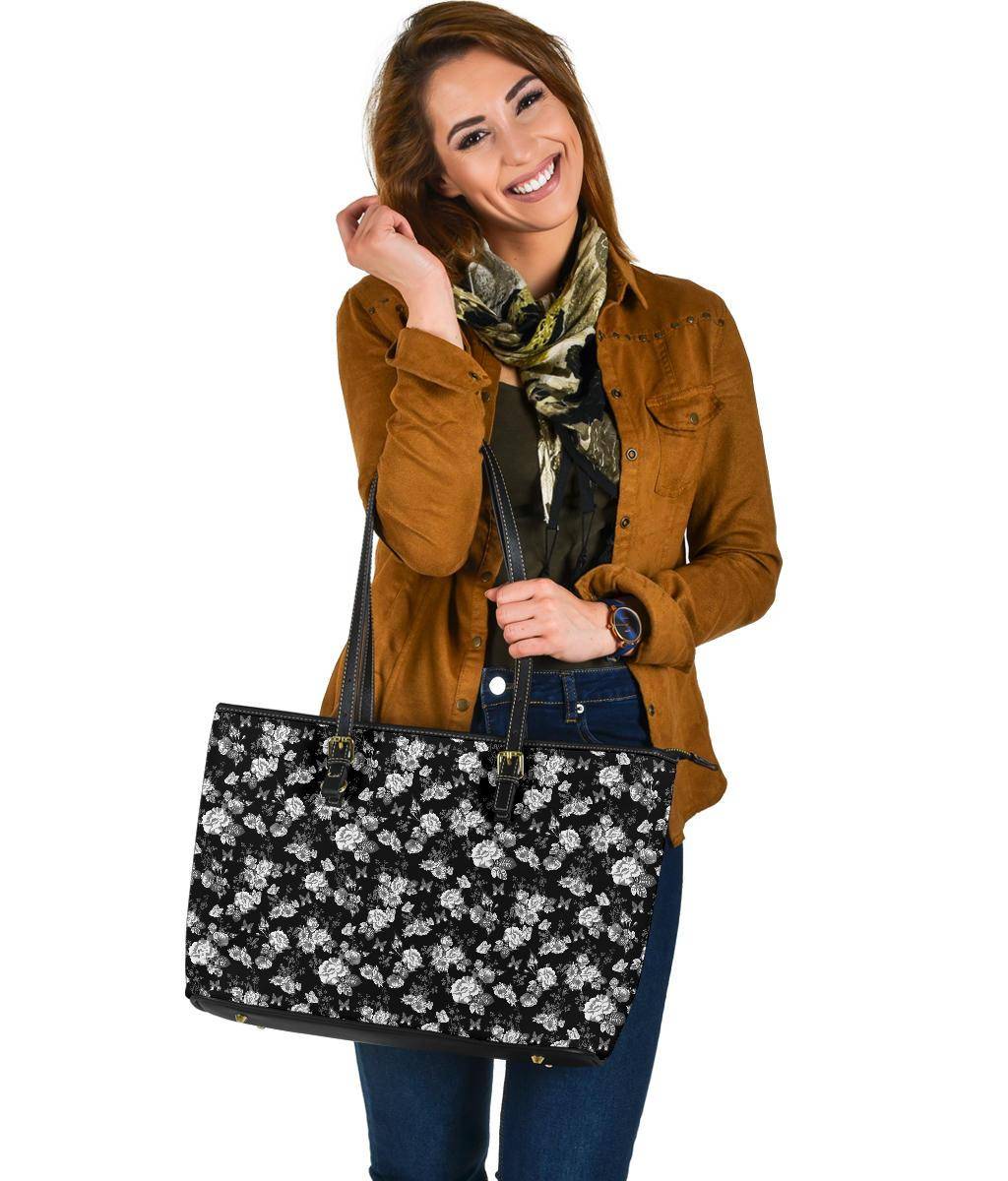 White Roses and Butterflies, Large Vegan Leather Tote Bags 