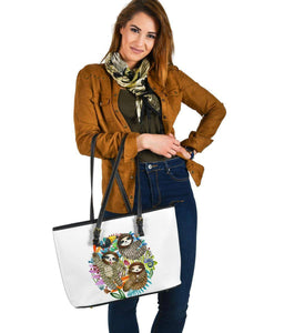 Fun Watercolors Sloths, Large Vegan Leather Tote Bags 