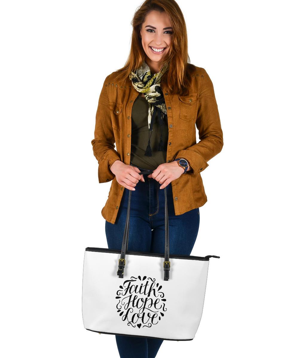 Faith Hope Love, Large Vegan Leather Tote White Bags 