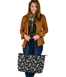 White Roses and Butterflies, Large Vegan Leather Tote Bags 