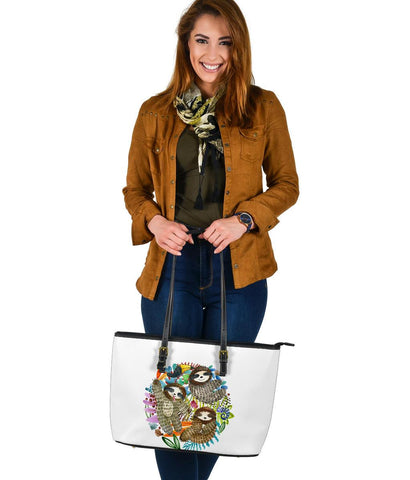 Image of Fun Watercolors Sloths, Large Vegan Leather Tote Bags 