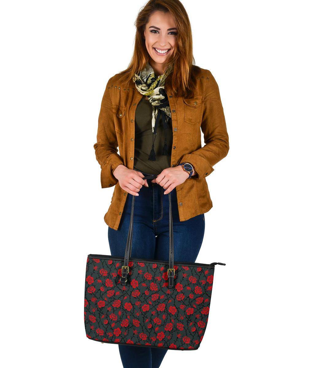 Red Roses, Large Vegan Leather Tote Bags 