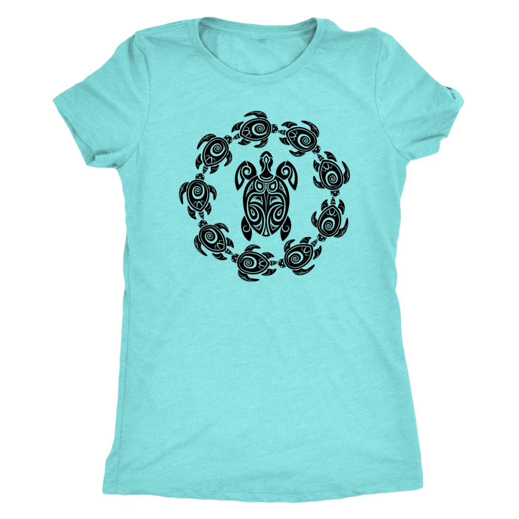 Fun Circle of Life Tribal Turtle Shirt, Black Print T-shirt Next Level Womens Triblend Tahiti Blue S