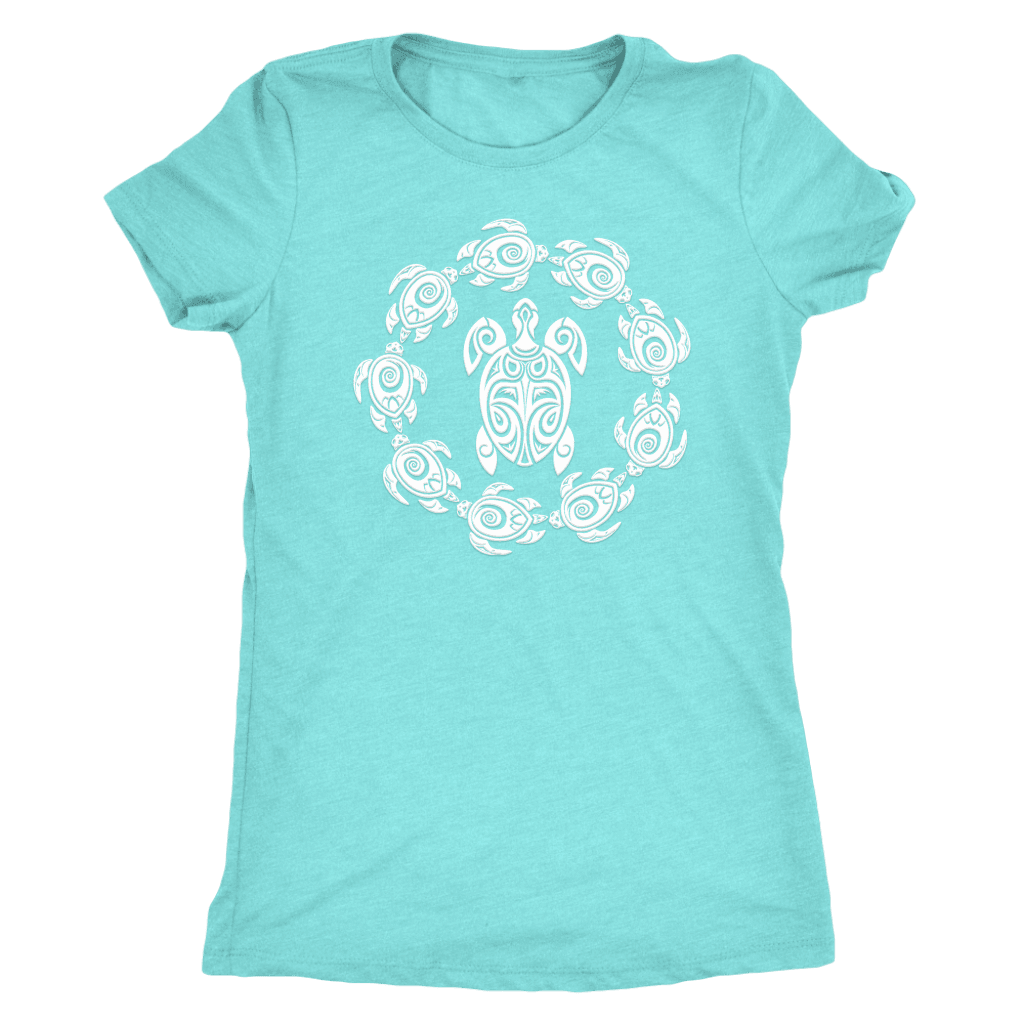 Fun Circle of Life Tribal Turtle Shirt, White Print T-shirt Next Level Womens Triblend Tahiti Blue S