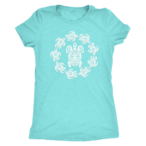 Image of Fun Circle of Life Tribal Turtle Shirt, White Print T-shirt Next Level Womens Triblend Tahiti Blue S
