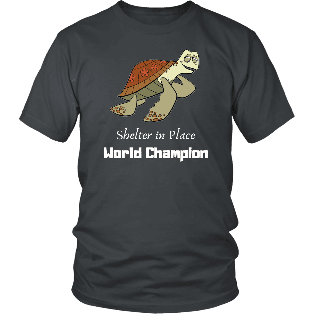 Shelter In Place World Champion, White Print T-shirt District Unisex Shirt Charcoal S