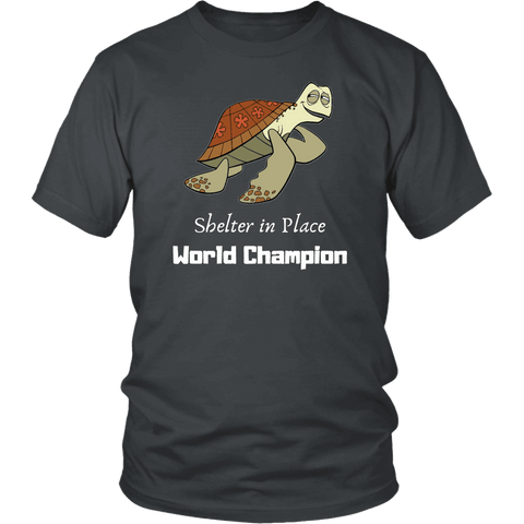 Image of Shelter In Place World Champion, White Print T-shirt District Unisex Shirt Charcoal S