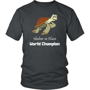 Shelter In Place World Champion, White Print T-shirt District Unisex Shirt Charcoal S