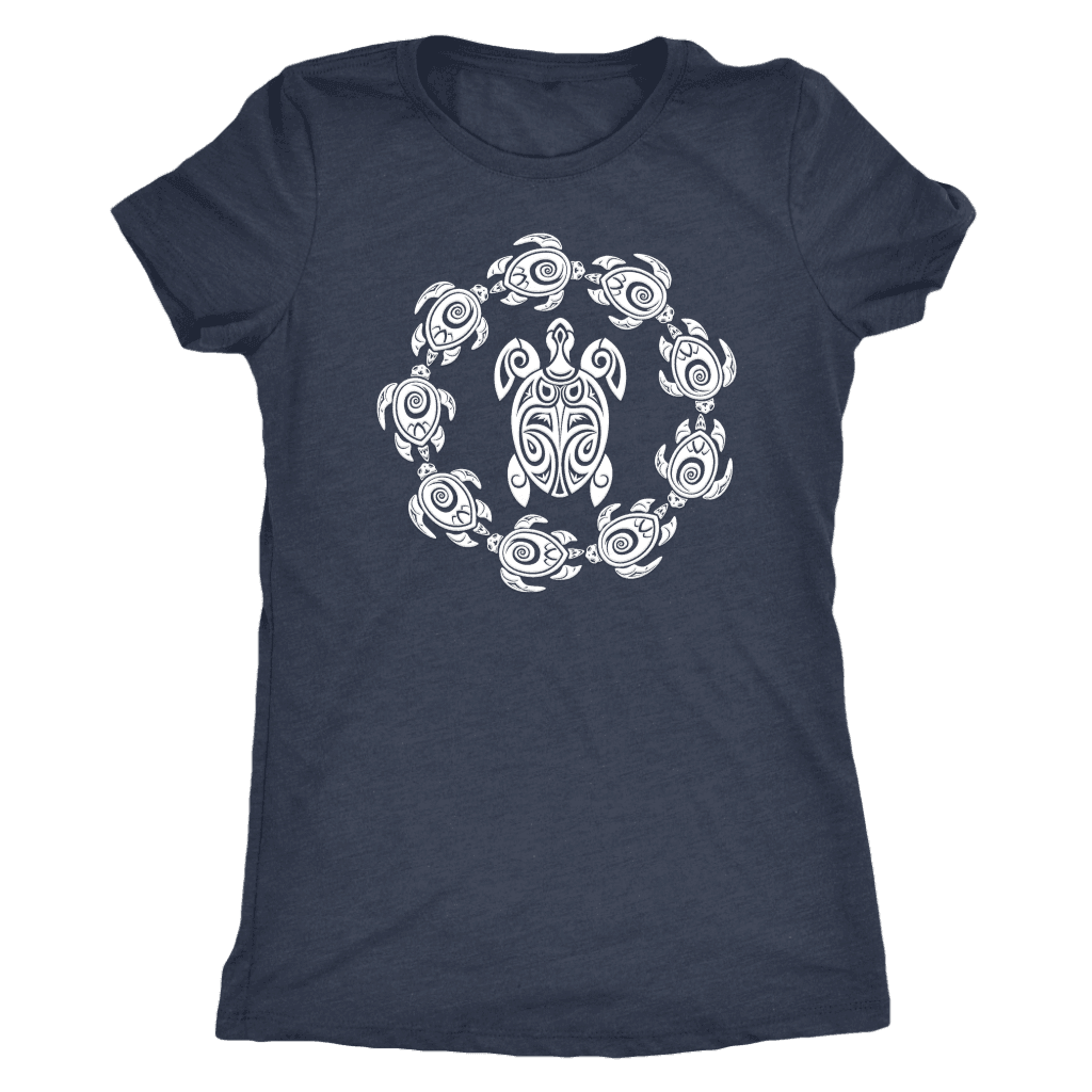 Fun Circle of Life Tribal Turtle Shirt, White Print T-shirt Next Level Womens Triblend Vintage Navy S