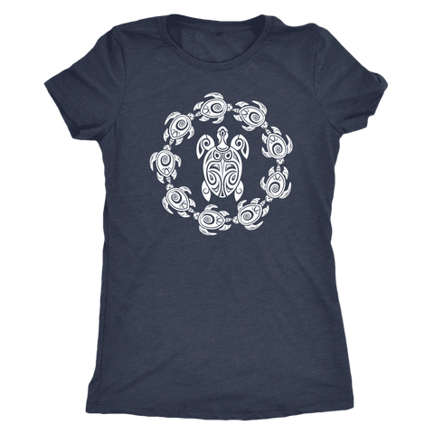 Image of Fun Circle of Life Tribal Turtle Shirt, White Print T-shirt Next Level Womens Triblend Vintage Navy S