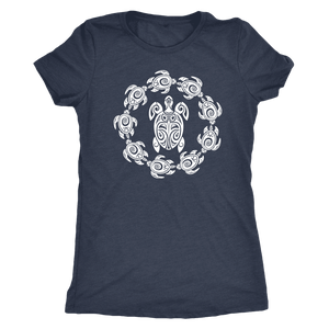 Fun Circle of Life Tribal Turtle Shirt, White Print T-shirt Next Level Womens Triblend Vintage Navy S