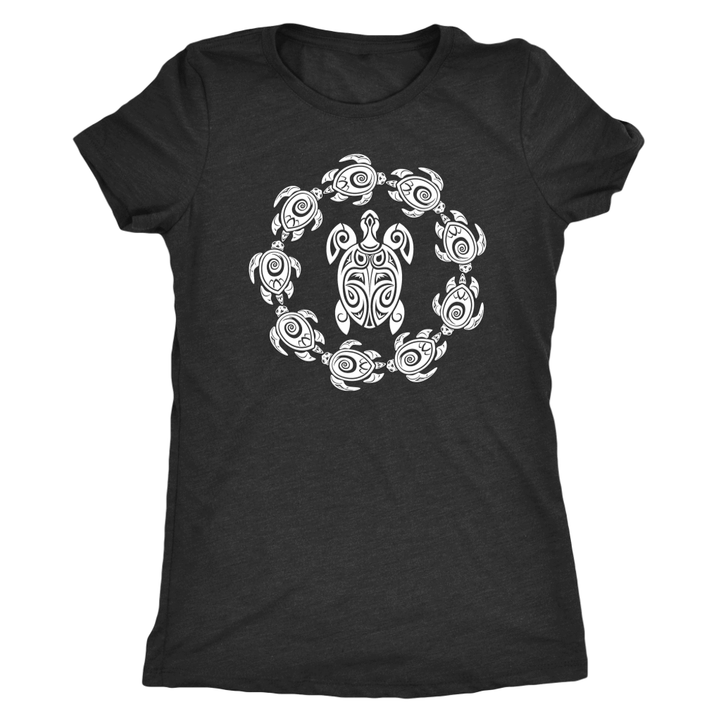 Fun Circle of Life Tribal Turtle Shirt, White Print T-shirt Next Level Womens Triblend Vintage Black S