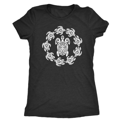 Image of Fun Circle of Life Tribal Turtle Shirt, White Print T-shirt Next Level Womens Triblend Vintage Black S