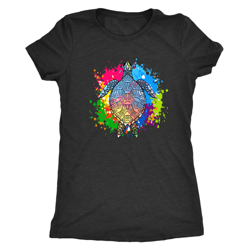 Vibrant Color Splash Sea Turtle T-shirt Next Level Womens Triblend Vintage Black S