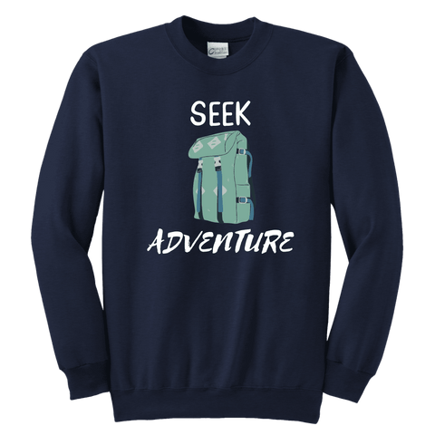 Image of Seek Adventure with Backpack (Youth) T-shirt Youth Crewneck Sweatshirt Navy XS