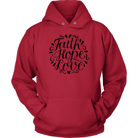 Image of Faith Hope and Love, Black Print T-shirt Unisex Hoodie Red S