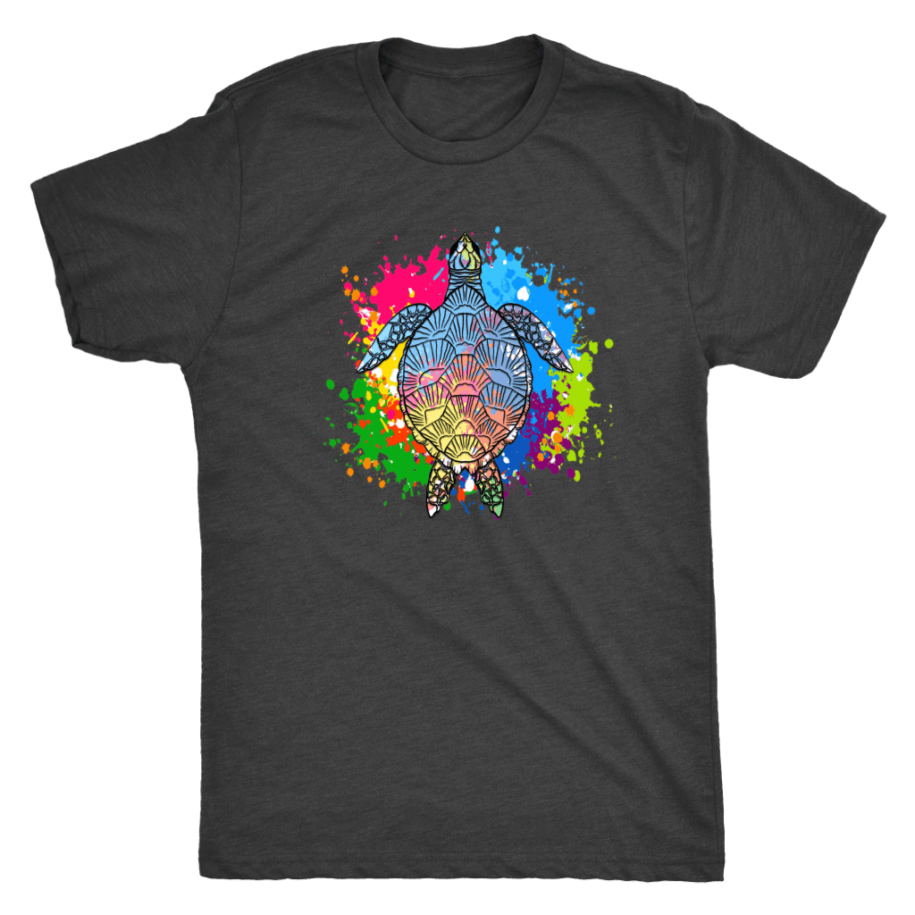 Vibrant Color Splash Sea Turtle T-shirt Next Level Mens Triblend Vintage Black S