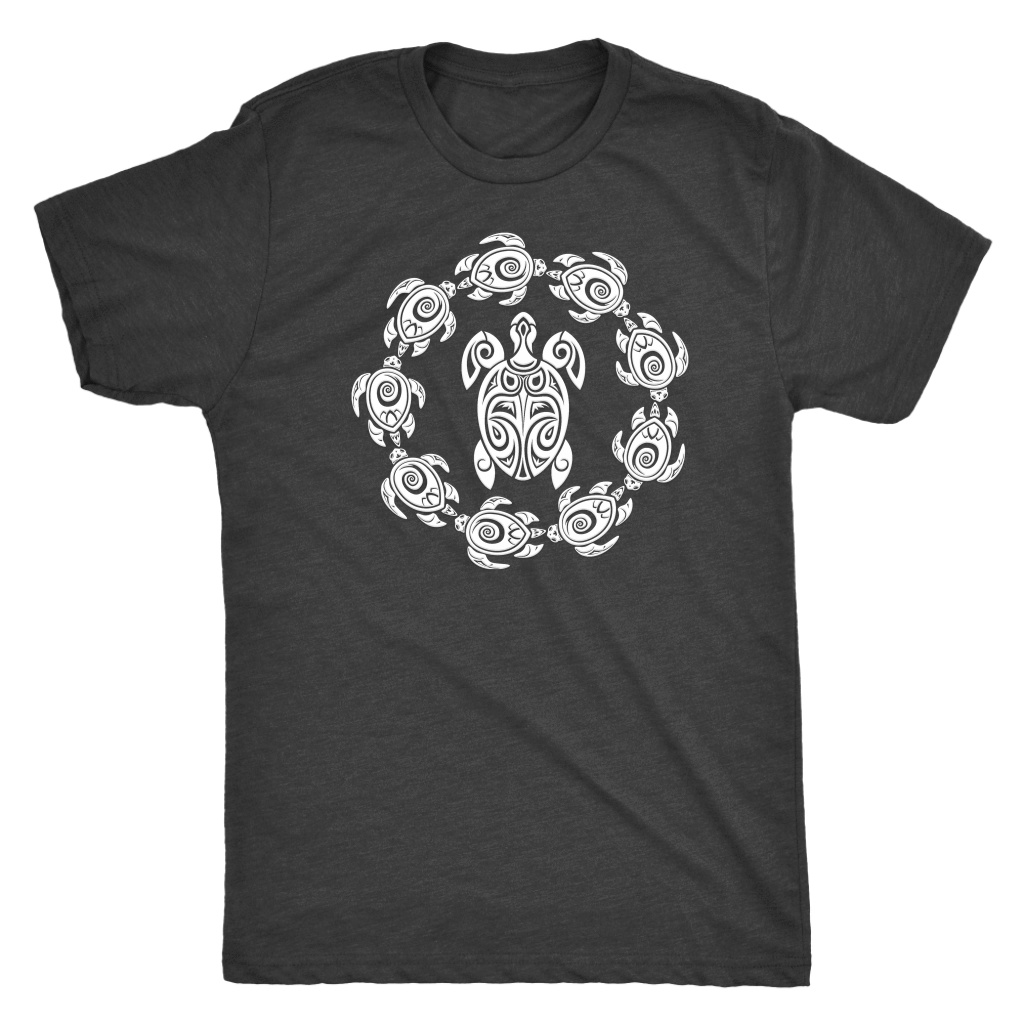 Fun Circle of Life Tribal Turtle Shirt, White Print T-shirt Next Level Mens Triblend Vintage Black S