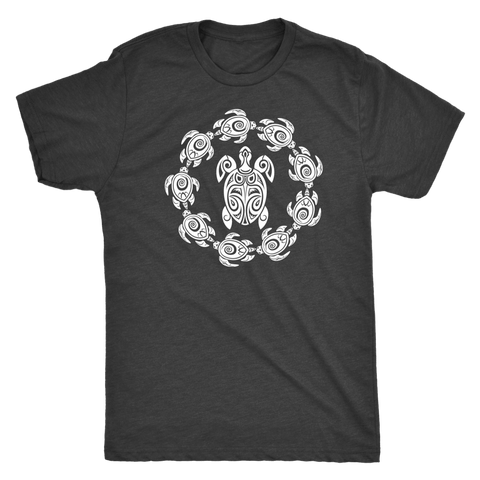 Image of Fun Circle of Life Tribal Turtle Shirt, White Print T-shirt Next Level Mens Triblend Vintage Black S