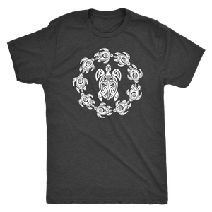 Fun Circle of Life Tribal Turtle Shirt, White Print T-shirt Next Level Mens Triblend Vintage Black S