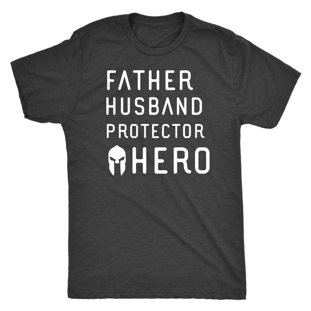 Father Husband Protector Hero Spartan White Print T-shirt Next Level Mens Triblend Vintage Black S