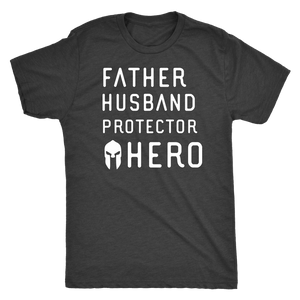 Father Husband Protector Hero Spartan White Print T-shirt Next Level Mens Triblend Vintage Black S