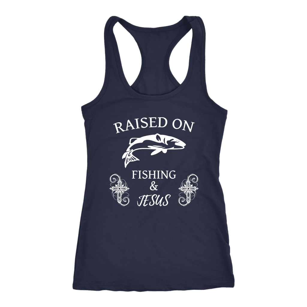 Fishing and Jesus, White T-shirt Next Level Racerback Tank Navy XS