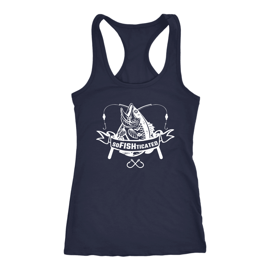 soFISHticated Womens White T-shirt Next Level Racerback Tank Navy XS