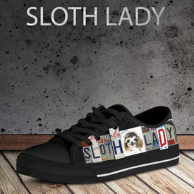 Sloth Lady License Plate Art Shoes | Black Low Top Shoes 