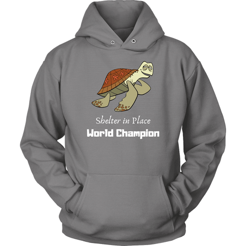 Image of Shelter In Place World Champion, White Print Long Sleeve Hoodie T-shirt Unisex Hoodie Grey S
